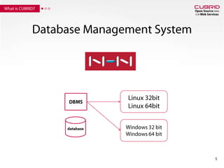 Database Management System5What is CUBRID?DBMSLinux 32bitLinux 64bitdatabaseWindows 32 bitWindows 64 bit