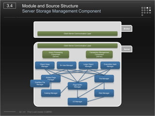 Design & Implementation ConceptsClick CounterIn Terms of UserWhenever the user clicks an article, the read counter of the article is increased.Counts the clicks on the articleIn Terms of Service Application DeveloperThe read counter is very important for bulletin board type service.Combine getting article data and increasing read counter togetherget_article() + increase_counter() = get_article_and_increase_counter()(SELECT article_info) + (UPDATE read_counter+1)In Terms of Database EngineerDo SELECT and UPDATE in one SQL statementSELECT trigger? SELECT FOR UDPATE?UPDATE the record with the short term lockExampleSELECT doc_id, title, INCR(read_counter), post_date FROM board WHERE doc_id=?2.822/41   First Look Inside CUBRID