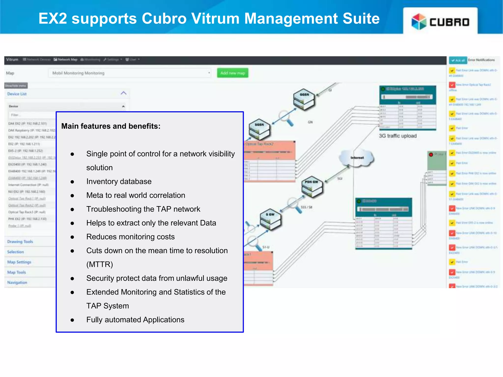 Main features and benefits:
● Single point of control for a network visibility
solution
● Inventory database
● Meta to real world correlation
● Troubleshooting the TAP network
● Helps to extract only the relevant Data
● Reduces monitoring costs
● Cuts down on the mean time to resolution
(MTTR)
● Security protect data from unlawful usage
● Extended Monitoring and Statistics of the
TAP System
● Fully automated Applications
EX2 supports Cubro Vitrum Management Suite
 