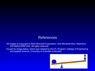 References All images © Copyright © 2004 Microsoft Corporation, One Microsoft Way, Redmond, WA 98052-6399 USA. All rights reserved.  Except  for image below, which was created by the ITL Program, College of Engineering and Applied Science, University of Colorado at Boulder. 