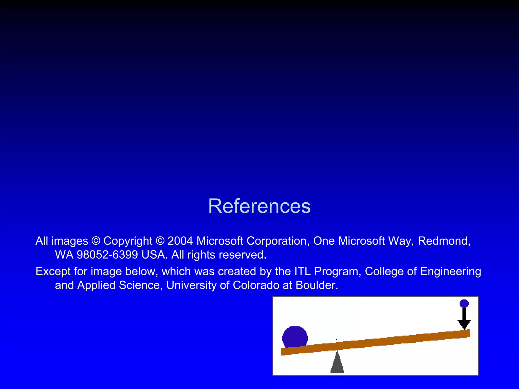 References
All images © Copyright © 2004 Microsoft Corporation, One Microsoft Way, Redmond,
WA 98052-6399 USA. All rights reserved.
Except for image below, which was created by the ITL Program, College of Engineering
and Applied Science, University of Colorado at Boulder.

 