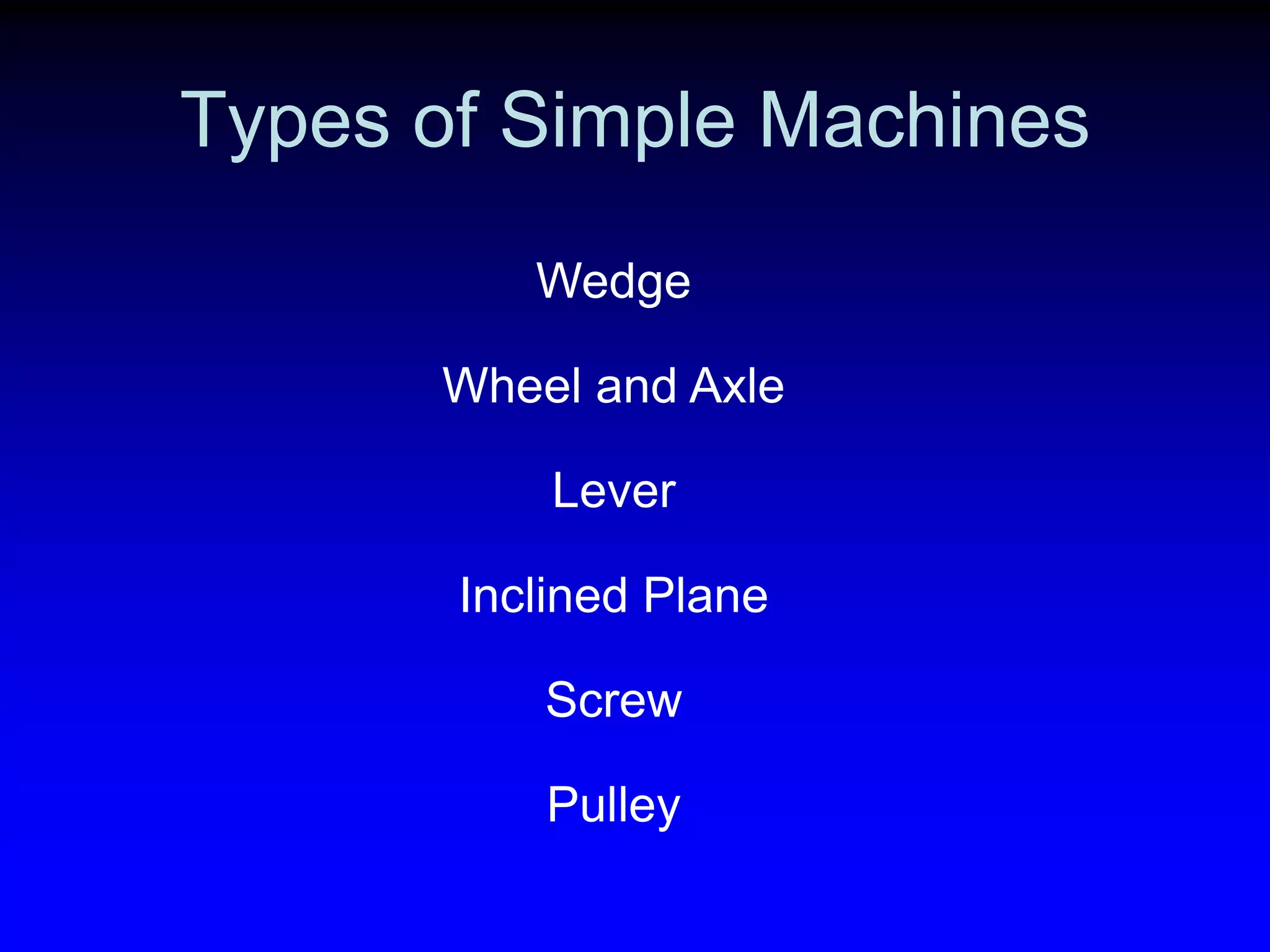 Types of Simple Machines
Wedge
Wheel and Axle
Lever
Inclined Plane
Screw
Pulley

 