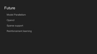 Future
Model Parallelism
Opencl
Sparse support
Reinforcement learning
 