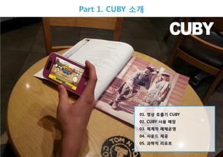 Part 1. CUBY 소개

01. 영상 호출기 CUBY
02. CUBY 사용 매장

03. 체계적 매체운영
04. 사운드 제공
05. 과학적 리포트

 