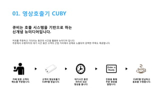 01. 영상호출기 CUBY
큐비는 호출 시스템을 기반으로 하는
신개념 뉴미디어입니다.
커피를 주문하고 기다리는 동안의 시간을 활용한 뉴미디어 입니다.
주문에서 수령까지의 대기 시간 동안 고객의 근접 거리에서 강제로 노출되어 강력한 주목도 제공합니다.

Order is
Ready

카페 방문 고객이
메뉴를 주문합니다.

고객이 영상호출기
CUBY를 받습니다.

대기시간 동안
라이브 되는
영상을 봅니다.

진동을 통해
주문 완료를
알립니다.

CUBY를 반납하고
음료를 수령합니다.

 