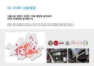 02. CUBY 사용매장
서울시내 번화가 브랜드 카페 매장에 설치되어
2030 타겟팅에 유리합니다.
탐앤탐스, 할리스, 투썸플레이스, 엔제리너스, 던킨도너츠 등 국내 주요 프렌차이즈 매장에서 큐비를 사용하고 있습니다.
강남역, 가로수길, 테헤란로, 명동 등 유동인구가 많고 소비자가 집중된 Hot Place 매장들만 엄선하여 운영되고 있습니다.

 