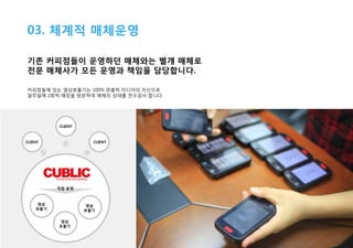 03. 체계적 매체운영
기존 커피점들이 운영하던 매체와는 별개 매체로
전문 매체사가 모든 운영과 책임을 담당합니다.
커피점들에 있는 영상호출기는 100% 큐블릭 미디어의 자산으로
일주일에 2회씩 매장을 방문하여 매체의 상태를 전수검사 합니다.

CLIENT

CLIENT

CLIENT

직접 운영

영상
호출기

영상
호출기
영상
호출기

 
