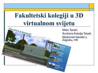 Fakultetski kolegiji u 3D
virtualnom svijetu
Milan Taradi,
Sunčana Kukolja Taradi,
Medicinski fakultet u
Zagrebu, HR
 