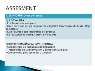 4. EL INFORME (Nota por grupo)
QUÉ SE VALORA
• El informe está completo
• Hace buen uso de las herramientas digitales (Procesador de Texto, Hoja
de Cálculo)
• Está ilustrado con fotografías del proceso
• La redacción es buena, correcta y elegante
COMPETENCIAS BÁSICAS INVOLUCRADAS
• Competencia en comunicación lingüística
• Tratamiento de la información y competencia digital
• Competencia para aprender a aprender
 