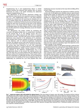 (Supplementary Fig. 6 and Supplementary Movie 1). Similar
outward bending was observed with parylene ﬁlms of various
thicknesses by using a 3D model mimicking the abdominal
segments (Supplementary Fig. 7).
The effectiveness of the thin-ﬁlm attachment strategy was
quantiﬁed by measuring the time required to traverse an obstacle
(Fig. 2b, c and Supplementary Movie 2). The ﬁxed abdomen
increased the required time for traversing the obstacles (2.4 s to
4.2 s as median values) (Fig. 2d). Whereas the 3 µm thick ﬁlm with
an adhesive–nonadhesive interleaving structure achieved approxi-
mately the same time of traversing as that with no ﬁlm attached
(median of 2.2 s). This shows that the ﬁxation of each segment
considerably impairs this deformability and limits motion and that
the thin-ﬁlm attachment strategy effectively secures the freedom
of movement.
The effectiveness was further veriﬁed by evaluating the
successful self-righting ability from an upside-down orientation
on the ground (Fig. 2e, f). The righting success rate of G.
portentosa with no ﬁlms attached was 99%, which is consistent
with previous results30
. Thin ﬁlms with various Young’s moduli and
thicknesses were attached to the abdomens of G. portentosa.
When parylene ﬁlms (Young’s modulus of 4.0 GPa) were attached
to the abdomen with an adhesive–nonadhesive interleaving
structure, the righting success rates were 96 and 81% for the 5-
and 10 µm thick ﬁlms, respectively. For 15- and 20 µm thick ﬁlms,
the success rates were reduced to 46 and 16%, respectively
(Supplementary Movie 3). A similar tendency was observed when
soft polydimethylsiloxane (PDMS, Young’s modulus of 3.3 MPa)
was attached to the abdomen (Supplementary Fig. 8 and
Supplementary Movie 4). By contrast, the righting success rate
was 10% when the 2 µm thick parylene ﬁlm was adhered to the
abdomen without the interleaving structure. These results conﬁrm
that the combination of sufﬁciently thin ﬁlm and the interleaving
structure retains the mobility of the insects (Supplementary Fig. 9).
Additionally, we conﬁrmed the 3 µm thick parylene ﬁlms with
interleaving structure mounted on the insect did not falling off for
at least 3 days.
Numerical relations between the abdominal conditions and the
success rate of self-righting were detailed using an approximated
buckling load model. The deformation of the ﬁlm because of the
stroke of an abdominal segment can be approximated by the
buckling of a simple column ﬁxed at both ends31
. The buckling
load can be obtained from the ﬁlm thickness and Young’s
modulus of the ﬁlm to be attached (Eqs. (1–3) in Methods, and
Supplementary Fig. 10). The buckling loads were obtained as a
function of the ﬁlm thickness for both parylene and PDMS ﬁlms
using the given shape parameters of the abdominal segment
(Supplementary Table 1) (Fig. 2g). The relationship between the
buckling load and righting success rate exhibited consistency for
both ﬁlms, which conﬁrmed the validity of the approximation
(Fig. 2h). A buckling load of less than 0.05 N ensured a success rate
of 80%, whereas further increment caused a sharp decrease in the
rate. Thus, the force that abdominal segments of G. portentosa can
generate range from 0.05 to 0.1 N, which is consistent with values
with previously reported forces of legs during righting32
. We
conducted repeated self-righting attempts for an individual and
for multiple individuals. Some individuals showed high success
rate for multiple such attempts, whereas others showed 0% or
very low success rate, conﬁrming clear individual differences. The
large error bars represent a boundary region that depends on the
muscle strength of the individual.
The qualitative analysis of self-righting attempts conﬁrmed that
fundamental motion was achieved even when ﬂexible electronics
were integrated into insects (Fig. 2i, Supplementary Movie 5).
When a 4 μm thick organic solar cell module was attached to the
abdomen of a cockroach, 100% successful self-righting attempts
were achieved, which conﬁrmed that the ultrathin organic solar
cell module ensured motion of insects. Unlike the adhesion of a
thin ﬁlm onto the abdomen, attaching a thick ﬁlm (100 µm thick)
with the support of the backpack on the thorax has a minor effect
on self-righting ability. The success rate was 93% when the thorax
0
0.2
0.4
0.6
0.8
1
0 100 200 300 400 500
Flat
on 3D model
Normalized
PCE
Time (min)
Anode
Effective area
+
-
Cathode
From
the side
From
the back
a
e f
d
c
b
Substrate
Anode
Passivation
Abdomen
Cathode
Supporting
ETL
Photoactive layer
HTL
Adhesive
θ
δ
0 10
10
20
20 30
Y-coordinates
(mm)
X-coordinates (mm)
-30
-25
-20
-15
-10
-5
0
0 0.5 1 1.5 2
Flat
on 3D model
Simulation
Current
(mA)
Voltage (V)
0
1
Fig. 3 Large-area organic solar cell module for cyborg insects. a Top view design of organic solar cell module. The dashed red lines indicate
the effective area of the module. Scale bar, 5 mm. b Structure of the module. c Side and back views of the abdomen showing changes in the
angle of light incident in each region. d Estimated distribution of light intensity changes in the abdomen. e Current–voltage (I–V) curves of
the solar cell module measured under AM 1.5 G with 100 mW cm–2
. The black and red solid lines represent the measured performance on the
ﬂat stage and 3D printed curved surface, respectively. The dashed blue line represents the simulated curve from the distribution of the light
intensity change. f Normalised PCE change with MPP tracking test time. Black triangles and red squares represent the module measured on
the ﬂat stage and 3D printed curved surface, respectively. Plots represent average values obtained from 5 individual modules, and the error
bars represent standard deviation.
Y. Kakei et al.
4
npj Flexible Electronics (2022) 78 Published in partnership with Nanjing Tech University
 