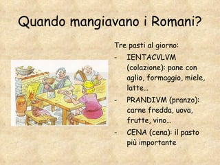 Quando mangiavano i Romani? Tre pasti al giorno: IENTACVLVM (colazione): pane con aglio, formaggio, miele, latte… PRANDIVM (pranzo): carne fredda, uova, frutte, vino… CENA (cena): il pasto più importante 