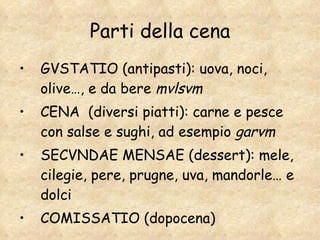 Parti della cena GVSTATIO (antipasti): uova, noci, olive…, e da bere  mvlsvm CENA  (diversi piatti): carne e pesce con salse e sughi, ad esempio  garvm SECVNDAE MENSAE (dessert): mele, cilegie, pere, prugne, uva, mandorle… e dolci COMISSATIO (dopocena) 