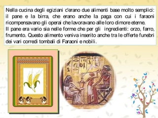 Nella cucina degli egiziani c'erano due alimenti base molto semplici:
il pane e la birra, che erano anche la paga con cui i faraoni
ricompensavano gli operai chelavoravano alleloro dimoreeterne.
Il pane era vario sia nelle forme che per gli ingredienti: orzo, farro,
frumento. Questo alimento veniva inserito anche tra le offerte funebri
dei vari corredi tombali di Faraoni enobili.
 