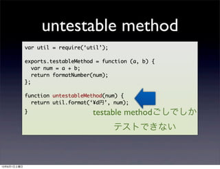 var util = require(util);
exports.testableMethod = function (a, b) {
var num = a + b;
return formatNumber(num);
};
function untestableMethod(num) {
return util.format(?dҡ, num);
}
untestable method
testable methodǤ
ƥȤǤʤ
1361
 