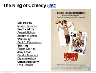 The King of Comedy (1982)


                         Directed by
                         Martin Scorsese
                         Produced by
                         Arnon Milchan
                         Joseph P. Grace
                         Written by
                         Paul D. Zimmerman
                         Starring
                         Robert De Niro
                         Jerry Lewis
                         Sandra Bernhard
                         Diahnne Abbott
                         Cinematography
                         Fred Schuler

Monday, April 26, 2010
 