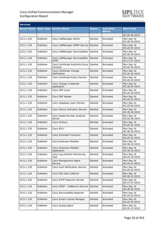 Cisco Unified Communications Manager
Configuration Report
Page 10 of 453
Services
Server Name Node Type Service Name Status Activation
Status
Start Time
00:26:46 2019
10.5.1.120 Publisher Cisco CallManager Admin Started Activated Mon Sep 16
00:38:29 2019
10.5.1.120 Publisher Cisco CallManager SNMP Service Started Activated Mon Sep 16
00:26:54 2019
10.5.1.120 Publisher Cisco CallManager Serviceability Started Activated Mon Sep 16
00:38:30 2019
10.5.1.120 Publisher Cisco CallManager Serviceability
RTMT
Started Activated Mon Sep 16
00:37:57 2019
10.5.1.120 Publisher Cisco Certificate Authority Proxy
Function
Started Activated Mon Sep 16
00:26:50 2019
10.5.1.120 Publisher Cisco Certificate Change
Notification
Started Activated Mon Sep 16
00:26:26 2019
10.5.1.120 Publisher Cisco Certificate Expiry Monitor Started Activated Mon Sep 16
00:26:25 2019
10.5.1.120 Publisher Cisco Change Credential
Application
Started Activated Mon Sep 16
00:38:29 2019
10.5.1.120 Publisher Cisco DRF Local Started Activated Mon Sep 16
00:26:24 2019
10.5.1.120 Publisher Cisco DRF Master Started Activated Mon Sep 16
00:26:23 2019
10.5.1.120 Publisher Cisco Database Layer Monitor Started Activated Mon Sep 16
00:26:04 2019
10.5.1.120 Publisher Cisco Device Activation Service Started Activated Mon Sep 16
00:38:30 2019
10.5.1.120 Publisher Cisco Dialed Number Analyzer
Server
Started Activated Mon Sep 16
00:26:58 2019
10.5.1.120 Publisher Cisco DirSync Started Activated Mon Sep 16
00:26:55 2019
10.5.1.120 Publisher Cisco E911 Started Activated Mon Sep 16
00:38:29 2019
10.5.1.120 Publisher Cisco Extended Functions Started Activated Mon Sep 16
00:26:52 2019
10.5.1.120 Publisher Cisco Extension Mobility Started Activated Mon Sep 16
00:38:29 2019
10.5.1.120 Publisher Cisco Extension Mobility
Application
Started Activated Mon Sep 16
00:38:29 2019
10.5.1.120 Publisher Cisco Log Partition Monitoring
Tool
Started Activated Mon Sep 16
00:26:18 2019
10.5.1.120 Publisher Cisco Management Agent
Service
Started Activated Mon Sep 16
00:26:43 2019
10.5.1.120 Publisher Cisco Push Notification Service Started Activated Mon Sep 16
00:26:42 2019
10.5.1.120 Publisher Cisco RIS Data Collector Started Activated Mon Sep 16
00:26:32 2019
10.5.1.120 Publisher Cisco RTMT Reporter Servlet Started Activated Mon Sep 16
00:37:57 2019
10.5.1.120 Publisher Cisco SOAP - CallRecord Service Started Activated Mon Sep 16
00:38:29 2019
10.5.1.120 Publisher Cisco Serviceability Reporter Started Activated Mon Sep 16
00:26:53 2019
10.5.1.120 Publisher Cisco Smart License Manager Started Activated Mon Sep 16
00:26:45 2019
10.5.1.120 Publisher Cisco Syslog Agent Started Activated Mon Sep 16
00:26:12 2019
 