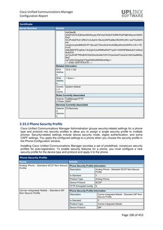 Cisco Unified Communications Manager
Configuration Report
Page 100 of 453
Certificate
Serial Number Details
hkiG9w0B
AQsFAAOCAQEAecMrkI5ryypLXSFx0yCNxSzF3sRBnF6aPSjB/xReyranG9dO
Dnj1
hCJPc4ilsFKch+2Rb31cmJbaVk+Sku4yQXFEaMemRUWKr/zRv+xs2TAsXktPx
kdl
nmykmmqGo8NKAD1fF+5jmJaC7ObvdGJbVkvl4Q8ky4N/oS/zfWPin+UFc+TE
h1xC
sMiuMbF8TErgWaLY2LEgArC2o4RMNwRUPYqsZh1XSWNFB9e6uE0+b48ukr
8ufOOO
eoTpuXC6PTf0KdEN7A522Gox5raNe7OH157pa34wS7UwyZxI+btZnhjwBMdiy
BaC
ogToDCh3HgaQgYF6gAlQiMuM5l08NvkNfg==
-----END CERTIFICATE-----
Related Information
IPv4
Addres
s
10.5.1.120
IPv6
Addres
s
< None >
Duratio
n in
Cache
System Default
Roles Currently Associated
Selecte
d Roles
CallManagerTFTP
SAST
Services Currently Associated
Selecte
d
Service
s
ITLRecovery
2.23.2 Phone Security Profile
Cisco Unified Communications Manager Administration groups security-related settings for a phone
type and protocol into security profiles to allow you to assign a single security profile to multiple
phones. Security-related settings include device security mode, digest authentication, and some
CAPF settings. You apply the configured settings to a phone when you choose the security profile in
the Phone Configuration window.
Installing Cisco Unified Communications Manager provides a set of predefined, nonsecure security
profiles for auto-registration. To enable security features for a phone, you must configure a new
security profile for the device type and protocol and apply it to the phone.
Phone Security Profile
Name Details
Analog Phone - Standard SCCP Non-Secure
Profile
Phone Security Profile Information
Description Analog Phone - Standard SCCP Non-Secure
Profile
Is Standard Y
Product Type Analog Phone
Device Protocol SCCP
TFTP Encrypted Config N
Carrier-integrated Mobile - Standard SIP
Non-Secure Profile
Phone Security Profile Information
Description Carrier-integrated Mobile - Standard SIP Non-
Secure Profile
Is Standard Y
Product Type Carrier-integrated Mobile
Device Protocol SIP
 