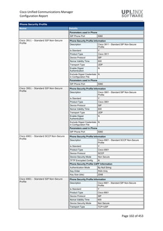 Cisco Unified Communications Manager
Configuration Report
Page 102 of 453
Phone Security Profile
Name Details
Parameters used in Phone
SIP Phone Port 5060
Cisco 3911 - Standard SIP Non-Secure
Profile
Phone Security Profile Information
Description Cisco 3911 - Standard SIP Non-Secure
Profile
Is Standard Y
Product Type Cisco 3911
Device Protocol SIP
Nonce Validity Time 600
Transport Type UDP
Enable Digest
Authentication
N
Exclude Digest Credentials
in Configuration File
N
Parameters used in Phone
SIP Phone Port 5060
Cisco 3951 - Standard SIP Non-Secure
Profile
Phone Security Profile Information
Description Cisco 3951 - Standard SIP Non-Secure
Profile
Is Standard Y
Product Type Cisco 3951
Device Protocol SIP
Nonce Validity Time 600
Transport Type UDP
Enable Digest
Authentication
N
Exclude Digest Credentials
in Configuration File
N
Parameters used in Phone
SIP Phone Port 5060
Cisco 6901 - Standard SCCP Non-Secure
Profile
Phone Security Profile Information
Description Cisco 6901 - Standard SCCP Non-Secure
Profile
Is Standard Y
Product Type Cisco 6901
Device Protocol SCCP
Device Security Mode Non Secure
TFTP Encrypted Config N
Phone Security Profile CAPF Information
Authentication Mode By Null String
Key Order RSA Only
Key Size (bits) 2048
Cisco 6901 - Standard SIP Non-Secure
Profile
Phone Security Profile Information
Description Cisco 6901 - Standard SIP Non-Secure
Profile
Is Standard Y
Product Type Cisco 6901
Device Protocol SIP
Nonce Validity Time 600
Device Security Mode Non Secure
Transport Type TCP+UDP
 