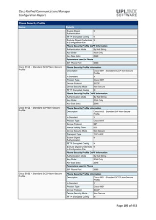 Cisco Unified Communications Manager
Configuration Report
Page 103 of 453
Phone Security Profile
Name Details
Enable Digest
Authentication
N
TFTP Encrypted Config N
Exclude Digest Credentials
in Configuration File
N
Phone Security Profile CAPF Information
Authentication Mode By Null String
Key Order RSA Only
Key Size (bits) 2048
Parameters used in Phone
SIP Phone Port 5060
Cisco 6911 - Standard SCCP Non-Secure
Profile
Phone Security Profile Information
Description Cisco 6911 - Standard SCCP Non-Secure
Profile
Is Standard Y
Product Type Cisco 6911
Device Protocol SCCP
Device Security Mode Non Secure
TFTP Encrypted Config N
Phone Security Profile CAPF Information
Authentication Mode By Null String
Key Order RSA Only
Key Size (bits) 2048
Cisco 6911 - Standard SIP Non-Secure
Profile
Phone Security Profile Information
Description Cisco 6911 - Standard SIP Non-Secure
Profile
Is Standard Y
Product Type Cisco 6911
Device Protocol SIP
Nonce Validity Time 600
Device Security Mode Non Secure
Transport Type TCP+UDP
Enable Digest
Authentication
N
TFTP Encrypted Config N
Exclude Digest Credentials
in Configuration File
N
Phone Security Profile CAPF Information
Authentication Mode By Null String
Key Order RSA Only
Key Size (bits) 2048
Parameters used in Phone
SIP Phone Port 5060
Cisco 6921 - Standard SCCP Non-Secure
Profile
Phone Security Profile Information
Description Cisco 6921 - Standard SCCP Non-Secure
Profile
Is Standard Y
Product Type Cisco 6921
Device Protocol SCCP
Device Security Mode Non Secure
TFTP Encrypted Config N
 
