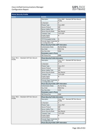 Cisco Unified Communications Manager
Configuration Report
Page 106 of 453
Phone Security Profile
Name Details
Description Cisco 6961 - Standard SIP Non-Secure
Profile
Is Standard Y
Product Type Cisco 6961
Device Protocol SIP
Nonce Validity Time 600
Device Security Mode Non Secure
Transport Type TCP+UDP
Enable Digest
Authentication
N
TFTP Encrypted Config N
Exclude Digest Credentials
in Configuration File
N
Phone Security Profile CAPF Information
Authentication Mode By Null String
Key Order RSA Only
Key Size (bits) 2048
Parameters used in Phone
SIP Phone Port 5060
Cisco 7811 - Standard SIP Non-Secure
Profile
Phone Security Profile Information
Description Cisco 7811 - Standard SIP Non-Secure
Profile
Is Standard Y
Product Type Cisco 7811
Device Protocol SIP
Nonce Validity Time 600
Device Security Mode Non Secure
Transport Type TCP+UDP
Enable Digest
Authentication
N
Exclude Digest Credentials
in Configuration File
N
Phone Security Profile CAPF Information
Authentication Mode By Null String
Key Order RSA Only
Key Size (bits) 2048
Parameters used in Phone
SIP Phone Port 5060
Cisco 7821 - Standard SIP Non-Secure
Profile
Phone Security Profile Information
Description Cisco 7821 - Standard SIP Non-Secure
Profile
Is Standard Y
Product Type Cisco 7821
Device Protocol SIP
Nonce Validity Time 600
Device Security Mode Non Secure
Transport Type TCP+UDP
Enable Digest
Authentication
N
Exclude Digest Credentials
in Configuration File
N
Phone Security Profile CAPF Information
 