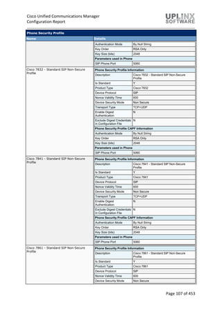 Cisco Unified Communications Manager
Configuration Report
Page 107 of 453
Phone Security Profile
Name Details
Authentication Mode By Null String
Key Order RSA Only
Key Size (bits) 2048
Parameters used in Phone
SIP Phone Port 5060
Cisco 7832 - Standard SIP Non-Secure
Profile
Phone Security Profile Information
Description Cisco 7832 - Standard SIP Non-Secure
Profile
Is Standard Y
Product Type Cisco 7832
Device Protocol SIP
Nonce Validity Time 600
Device Security Mode Non Secure
Transport Type TCP+UDP
Enable Digest
Authentication
N
Exclude Digest Credentials
in Configuration File
N
Phone Security Profile CAPF Information
Authentication Mode By Null String
Key Order RSA Only
Key Size (bits) 2048
Parameters used in Phone
SIP Phone Port 5060
Cisco 7841 - Standard SIP Non-Secure
Profile
Phone Security Profile Information
Description Cisco 7841 - Standard SIP Non-Secure
Profile
Is Standard Y
Product Type Cisco 7841
Device Protocol SIP
Nonce Validity Time 600
Device Security Mode Non Secure
Transport Type TCP+UDP
Enable Digest
Authentication
N
Exclude Digest Credentials
in Configuration File
N
Phone Security Profile CAPF Information
Authentication Mode By Null String
Key Order RSA Only
Key Size (bits) 2048
Parameters used in Phone
SIP Phone Port 5060
Cisco 7861 - Standard SIP Non-Secure
Profile
Phone Security Profile Information
Description Cisco 7861 - Standard SIP Non-Secure
Profile
Is Standard Y
Product Type Cisco 7861
Device Protocol SIP
Nonce Validity Time 600
Device Security Mode Non Secure
 