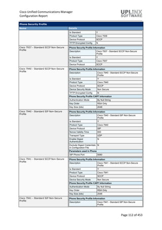 Cisco Unified Communications Manager
Configuration Report
Page 112 of 453
Phone Security Profile
Name Details
Is Standard Y
Product Type Cisco 7936
Device Protocol SCCP
TFTP Encrypted Config N
Cisco 7937 - Standard SCCP Non-Secure
Profile
Phone Security Profile Information
Description Cisco 7937 - Standard SCCP Non-Secure
Profile
Is Standard Y
Product Type Cisco 7937
Device Protocol SCCP
Cisco 7940 - Standard SCCP Non-Secure
Profile
Phone Security Profile Information
Description Cisco 7940 - Standard SCCP Non-Secure
Profile
Is Standard Y
Product Type Cisco 7940
Device Protocol SCCP
Device Security Mode Non Secure
TFTP Encrypted Config N
Phone Security Profile CAPF Information
Authentication Mode By Null String
Key Order RSA Only
Key Size (bits) 2048
Cisco 7940 - Standard SIP Non-Secure
Profile
Phone Security Profile Information
Description Cisco 7940 - Standard SIP Non-Secure
Profile
Is Standard Y
Product Type Cisco 7940
Device Protocol SIP
Nonce Validity Time 600
Transport Type UDP
Enable Digest
Authentication
N
Exclude Digest Credentials
in Configuration File
N
Parameters used in Phone
SIP Phone Port 5060
Cisco 7941 - Standard SCCP Non-Secure
Profile
Phone Security Profile Information
Description Cisco 7941 - Standard SCCP Non-Secure
Profile
Is Standard Y
Product Type Cisco 7941
Device Protocol SCCP
Device Security Mode Non Secure
Phone Security Profile CAPF Information
Authentication Mode By Null String
Key Order RSA Only
Key Size (bits) 2048
Cisco 7941 - Standard SIP Non-Secure
Profile
Phone Security Profile Information
Description Cisco 7941 - Standard SIP Non-Secure
Profile
 