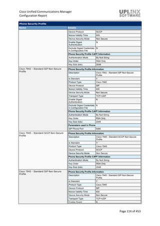 Cisco Unified Communications Manager
Configuration Report
Page 114 of 453
Phone Security Profile
Name Details
Device Protocol SCCP
Nonce Validity Time 600
Device Security Mode Non Secure
Enable Digest
Authentication
N
Exclude Digest Credentials
in Configuration File
N
Phone Security Profile CAPF Information
Authentication Mode By Null String
Key Order RSA Only
Key Size (bits) 2048
Cisco 7942 - Standard SIP Non-Secure
Profile
Phone Security Profile Information
Description Cisco 7942 - Standard SIP Non-Secure
Profile
Is Standard Y
Product Type Cisco 7942
Device Protocol SIP
Nonce Validity Time 600
Device Security Mode Non Secure
Transport Type TCP+UDP
Enable Digest
Authentication
N
Exclude Digest Credentials
in Configuration File
N
Phone Security Profile CAPF Information
Authentication Mode By Null String
Key Order RSA Only
Key Size (bits) 2048
Parameters used in Phone
SIP Phone Port 5060
Cisco 7945 - Standard SCCP Non-Secure
Profile
Phone Security Profile Information
Description Cisco 7945 - Standard SCCP Non-Secure
Profile
Is Standard Y
Product Type Cisco 7945
Device Protocol SCCP
Device Security Mode Non Secure
Phone Security Profile CAPF Information
Authentication Mode By Null String
Key Order RSA Only
Key Size (bits) 2048
Cisco 7945 - Standard SIP Non-Secure
Profile
Phone Security Profile Information
Description Cisco 7945 - Standard SIP Non-Secure
Profile
Is Standard Y
Product Type Cisco 7945
Device Protocol SIP
Nonce Validity Time 600
Device Security Mode Non Secure
Transport Type TCP+UDP
Enable Digest N
 