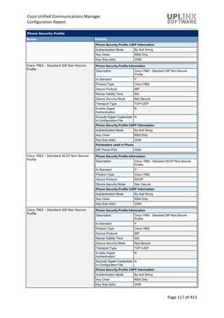 Cisco Unified Communications Manager
Configuration Report
Page 117 of 453
Phone Security Profile
Name Details
Phone Security Profile CAPF Information
Authentication Mode By Null String
Key Order RSA Only
Key Size (bits) 2048
Cisco 7962 - Standard SIP Non-Secure
Profile
Phone Security Profile Information
Description Cisco 7962 - Standard SIP Non-Secure
Profile
Is Standard Y
Product Type Cisco 7962
Device Protocol SIP
Nonce Validity Time 600
Device Security Mode Non Secure
Transport Type TCP+UDP
Enable Digest
Authentication
N
Exclude Digest Credentials
in Configuration File
N
Phone Security Profile CAPF Information
Authentication Mode By Null String
Key Order RSA Only
Key Size (bits) 2048
Parameters used in Phone
SIP Phone Port 5060
Cisco 7965 - Standard SCCP Non-Secure
Profile
Phone Security Profile Information
Description Cisco 7965 - Standard SCCP Non-Secure
Profile
Is Standard Y
Product Type Cisco 7965
Device Protocol SCCP
Device Security Mode Non Secure
Phone Security Profile CAPF Information
Authentication Mode By Null String
Key Order RSA Only
Key Size (bits) 2048
Cisco 7965 - Standard SIP Non-Secure
Profile
Phone Security Profile Information
Description Cisco 7965 - Standard SIP Non-Secure
Profile
Is Standard Y
Product Type Cisco 7965
Device Protocol SIP
Nonce Validity Time 600
Device Security Mode Non Secure
Transport Type TCP+UDP
Enable Digest
Authentication
N
Exclude Digest Credentials
in Configuration File
N
Phone Security Profile CAPF Information
Authentication Mode By Null String
Key Order RSA Only
Key Size (bits) 2048
 