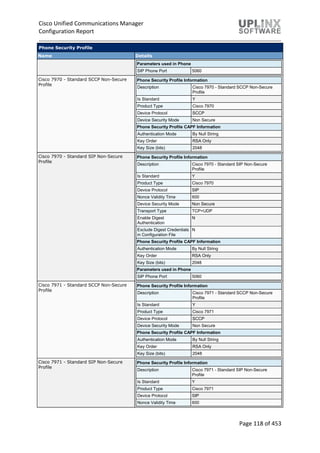 Cisco Unified Communications Manager
Configuration Report
Page 118 of 453
Phone Security Profile
Name Details
Parameters used in Phone
SIP Phone Port 5060
Cisco 7970 - Standard SCCP Non-Secure
Profile
Phone Security Profile Information
Description Cisco 7970 - Standard SCCP Non-Secure
Profile
Is Standard Y
Product Type Cisco 7970
Device Protocol SCCP
Device Security Mode Non Secure
Phone Security Profile CAPF Information
Authentication Mode By Null String
Key Order RSA Only
Key Size (bits) 2048
Cisco 7970 - Standard SIP Non-Secure
Profile
Phone Security Profile Information
Description Cisco 7970 - Standard SIP Non-Secure
Profile
Is Standard Y
Product Type Cisco 7970
Device Protocol SIP
Nonce Validity Time 600
Device Security Mode Non Secure
Transport Type TCP+UDP
Enable Digest
Authentication
N
Exclude Digest Credentials
in Configuration File
N
Phone Security Profile CAPF Information
Authentication Mode By Null String
Key Order RSA Only
Key Size (bits) 2048
Parameters used in Phone
SIP Phone Port 5060
Cisco 7971 - Standard SCCP Non-Secure
Profile
Phone Security Profile Information
Description Cisco 7971 - Standard SCCP Non-Secure
Profile
Is Standard Y
Product Type Cisco 7971
Device Protocol SCCP
Device Security Mode Non Secure
Phone Security Profile CAPF Information
Authentication Mode By Null String
Key Order RSA Only
Key Size (bits) 2048
Cisco 7971 - Standard SIP Non-Secure
Profile
Phone Security Profile Information
Description Cisco 7971 - Standard SIP Non-Secure
Profile
Is Standard Y
Product Type Cisco 7971
Device Protocol SIP
Nonce Validity Time 600
 