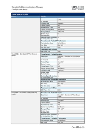 Cisco Unified Communications Manager
Configuration Report
Page 120 of 453
Phone Security Profile
Name Details
Profile
Is Standard Y
Product Type Cisco 8811
Device Protocol SIP
Nonce Validity Time 600
Device Security Mode Non Secure
Transport Type TCP+UDP
Enable Digest
Authentication
N
Exclude Digest Credentials
in Configuration File
N
Phone Security Profile CAPF Information
Authentication Mode By Null String
Key Order RSA Only
Key Size (bits) 2048
Parameters used in Phone
SIP Phone Port 5060
Cisco 8821 - Standard SIP Non-Secure
Profile
Phone Security Profile Information
Description Cisco 8821 - Standard SIP Non-Secure
Profile
Is Standard Y
Product Type Cisco 8821
Device Protocol SIP
Nonce Validity Time 600
Device Security Mode Non Secure
Transport Type TCP+UDP
Enable Digest
Authentication
N
Exclude Digest Credentials
in Configuration File
N
Phone Security Profile CAPF Information
Authentication Mode By Null String
Key Order RSA Only
Key Size (bits) 2048
Parameters used in Phone
SIP Phone Port 5060
Cisco 8831 - Standard SIP Non-Secure
Profile
Phone Security Profile Information
Description Cisco 8831 - Standard SIP Non-Secure
Profile
Is Standard Y
Product Type Cisco 8831
Device Protocol SIP
Nonce Validity Time 600
Device Security Mode Non Secure
Transport Type TCP+UDP
Enable Digest
Authentication
N
Exclude Digest Credentials
in Configuration File
N
Phone Security Profile CAPF Information
Authentication Mode By Null String
Key Order RSA Only
 