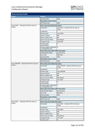 Cisco Unified Communications Manager
Configuration Report
Page 121 of 453
Phone Security Profile
Name Details
Key Size (bits) 2048
Parameters used in Phone
SIP Phone Port 5060
Cisco 8832 - Standard SIP Non-Secure
Profile
Phone Security Profile Information
Description Cisco 8832 - Standard SIP Non-Secure
Profile
Is Standard Y
Product Type Cisco 8832
Device Protocol SIP
Nonce Validity Time 600
Device Security Mode Non Secure
Transport Type TCP+UDP
Enable Digest
Authentication
N
Exclude Digest Credentials
in Configuration File
N
Phone Security Profile CAPF Information
Authentication Mode By Null String
Key Order RSA Only
Key Size (bits) 2048
Parameters used in Phone
SIP Phone Port 5060
Cisco 8832NR - Standard SIP Non-Secure
Profile
Phone Security Profile Information
Description Cisco 8832NR - Standard SIP Non-Secure
Profile
Is Standard Y
Product Type Cisco 8832NR
Device Protocol SIP
Nonce Validity Time 600
Device Security Mode Non Secure
Transport Type TCP+UDP
Enable Digest
Authentication
N
Exclude Digest Credentials
in Configuration File
N
Phone Security Profile CAPF Information
Authentication Mode By Null String
Key Order RSA Only
Key Size (bits) 2048
Parameters used in Phone
SIP Phone Port 5060
Cisco 8841 - Standard SIP Non-Secure
Profile
Phone Security Profile Information
Description Cisco 8841 - Standard SIP Non-Secure
Profile
Is Standard Y
Product Type Cisco 8841
Device Protocol SIP
Nonce Validity Time 600
Device Security Mode Non Secure
Transport Type TCP+UDP
Enable Digest N
 