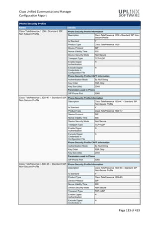 Cisco Unified Communications Manager
Configuration Report
Page 133 of 453
Phone Security Profile
Name Details
Cisco TelePresence 1100 - Standard SIP
Non-Secure Profile
Phone Security Profile Information
Description Cisco TelePresence 1100 - Standard SIP Non-
Secure Profile
Is Standard Y
Product Type Cisco TelePresence 1100
Device Protocol SIP
Nonce Validity Time 600
Device Security Mode Non Secure
Transport Type TCP+UDP
Enable Digest
Authentication
N
Exclude Digest
Credentials in
Configuration File
N
Phone Security Profile CAPF Information
Authentication Mode By Null String
Key Order RSA Only
Key Size (bits) 2048
Parameters used in Phone
SIP Phone Port 5060
Cisco TelePresence 1300-47 - Standard SIP
Non-Secure Profile
Phone Security Profile Information
Description Cisco TelePresence 1300-47 - Standard SIP
Non-Secure Profile
Is Standard Y
Product Type Cisco TelePresence 1300-47
Device Protocol SIP
Nonce Validity Time 600
Device Security Mode Non Secure
Transport Type TCP+UDP
Enable Digest
Authentication
N
Exclude Digest
Credentials in
Configuration File
N
Phone Security Profile CAPF Information
Authentication Mode By Null String
Key Order RSA Only
Key Size (bits) 2048
Parameters used in Phone
SIP Phone Port 5060
Cisco TelePresence 1300-65 - Standard SIP
Non-Secure Profile
Phone Security Profile Information
Description Cisco TelePresence 1300-65 - Standard SIP
Non-Secure Profile
Is Standard Y
Product Type Cisco TelePresence 1300-65
Device Protocol SIP
Nonce Validity Time 600
Device Security Mode Non Secure
Transport Type TCP+UDP
Enable Digest
Authentication
N
Exclude Digest
Credentials in
N
 