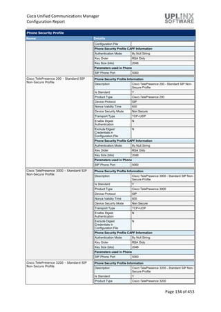 Cisco Unified Communications Manager
Configuration Report
Page 134 of 453
Phone Security Profile
Name Details
Configuration File
Phone Security Profile CAPF Information
Authentication Mode By Null String
Key Order RSA Only
Key Size (bits) 2048
Parameters used in Phone
SIP Phone Port 5060
Cisco TelePresence 200 - Standard SIP
Non-Secure Profile
Phone Security Profile Information
Description Cisco TelePresence 200 - Standard SIP Non-
Secure Profile
Is Standard Y
Product Type Cisco TelePresence 200
Device Protocol SIP
Nonce Validity Time 600
Device Security Mode Non Secure
Transport Type TCP+UDP
Enable Digest
Authentication
N
Exclude Digest
Credentials in
Configuration File
N
Phone Security Profile CAPF Information
Authentication Mode By Null String
Key Order RSA Only
Key Size (bits) 2048
Parameters used in Phone
SIP Phone Port 5060
Cisco TelePresence 3000 - Standard SIP
Non-Secure Profile
Phone Security Profile Information
Description Cisco TelePresence 3000 - Standard SIP Non-
Secure Profile
Is Standard Y
Product Type Cisco TelePresence 3000
Device Protocol SIP
Nonce Validity Time 600
Device Security Mode Non Secure
Transport Type TCP+UDP
Enable Digest
Authentication
N
Exclude Digest
Credentials in
Configuration File
N
Phone Security Profile CAPF Information
Authentication Mode By Null String
Key Order RSA Only
Key Size (bits) 2048
Parameters used in Phone
SIP Phone Port 5060
Cisco TelePresence 3200 - Standard SIP
Non-Secure Profile
Phone Security Profile Information
Description Cisco TelePresence 3200 - Standard SIP Non-
Secure Profile
Is Standard Y
Product Type Cisco TelePresence 3200
 