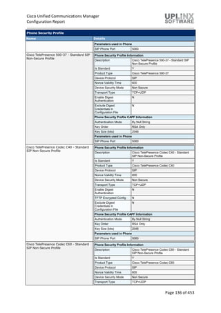 Cisco Unified Communications Manager
Configuration Report
Page 136 of 453
Phone Security Profile
Name Details
Parameters used in Phone
SIP Phone Port 5060
Cisco TelePresence 500-37 - Standard SIP
Non-Secure Profile
Phone Security Profile Information
Description Cisco TelePresence 500-37 - Standard SIP
Non-Secure Profile
Is Standard Y
Product Type Cisco TelePresence 500-37
Device Protocol SIP
Nonce Validity Time 600
Device Security Mode Non Secure
Transport Type TCP+UDP
Enable Digest
Authentication
N
Exclude Digest
Credentials in
Configuration File
N
Phone Security Profile CAPF Information
Authentication Mode By Null String
Key Order RSA Only
Key Size (bits) 2048
Parameters used in Phone
SIP Phone Port 5060
Cisco TelePresence Codec C40 - Standard
SIP Non-Secure Profile
Phone Security Profile Information
Description Cisco TelePresence Codec C40 - Standard
SIP Non-Secure Profile
Is Standard Y
Product Type Cisco TelePresence Codec C40
Device Protocol SIP
Nonce Validity Time 600
Device Security Mode Non Secure
Transport Type TCP+UDP
Enable Digest
Authentication
N
TFTP Encrypted Config N
Exclude Digest
Credentials in
Configuration File
N
Phone Security Profile CAPF Information
Authentication Mode By Null String
Key Order RSA Only
Key Size (bits) 2048
Parameters used in Phone
SIP Phone Port 5060
Cisco TelePresence Codec C60 - Standard
SIP Non-Secure Profile
Phone Security Profile Information
Description Cisco TelePresence Codec C60 - Standard
SIP Non-Secure Profile
Is Standard Y
Product Type Cisco TelePresence Codec C60
Device Protocol SIP
Nonce Validity Time 600
Device Security Mode Non Secure
Transport Type TCP+UDP
 