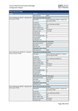 Cisco Unified Communications Manager
Configuration Report
Page 140 of 453
Phone Security Profile
Name Details
SIP Phone Port 5060
Cisco TelePresence MX300 - Standard SIP
Non-Secure Profile
Phone Security Profile Information
Description Cisco TelePresence MX300 - Standard SIP
Non-Secure Profile
Is Standard Y
Product Type Cisco TelePresence MX300
Device Protocol SIP
Nonce Validity Time 600
Device Security Mode Non Secure
Transport Type TCP+UDP
Enable Digest
Authentication
N
TFTP Encrypted Config N
Exclude Digest
Credentials in
Configuration File
N
Phone Security Profile CAPF Information
Authentication Mode By Null String
Key Order RSA Only
Key Size (bits) 2048
Parameters used in Phone
SIP Phone Port 5060
Cisco TelePresence MX300 G2 - Standard
SIP Non-Secure Profile
Phone Security Profile Information
Description Cisco TelePresence MX300 G2 - Standard
SIP Non-Secure Profile
Is Standard Y
Product Type Cisco TelePresence MX300 G2
Device Protocol SIP
Nonce Validity Time 600
Device Security Mode Non Secure
Transport Type TCP+UDP
Enable Digest
Authentication
N
TFTP Encrypted Config N
Exclude Digest
Credentials in
Configuration File
N
Phone Security Profile CAPF Information
Authentication Mode By Null String
Key Order RSA Only
Key Size (bits) 2048
Parameters used in Phone
SIP Phone Port 5060
Cisco TelePresence MX700 - Standard SIP
Non-Secure Profile
Phone Security Profile Information
Description Cisco TelePresence MX700 - Standard SIP
Non-Secure Profile
Is Standard Y
Product Type Cisco TelePresence MX700
Device Protocol SIP
Nonce Validity Time 600
Device Security Mode Non Secure
Transport Type TCP+UDP
 