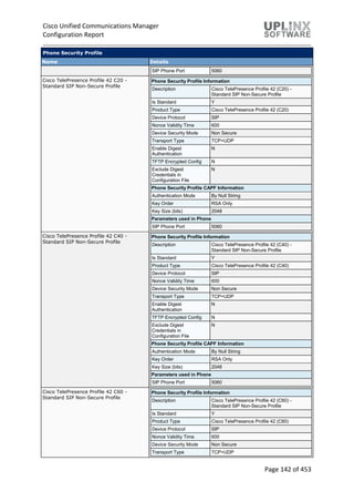 Cisco Unified Communications Manager
Configuration Report
Page 142 of 453
Phone Security Profile
Name Details
SIP Phone Port 5060
Cisco TelePresence Profile 42 C20 -
Standard SIP Non-Secure Profile
Phone Security Profile Information
Description Cisco TelePresence Profile 42 (C20) -
Standard SIP Non-Secure Profile
Is Standard Y
Product Type Cisco TelePresence Profile 42 (C20)
Device Protocol SIP
Nonce Validity Time 600
Device Security Mode Non Secure
Transport Type TCP+UDP
Enable Digest
Authentication
N
TFTP Encrypted Config N
Exclude Digest
Credentials in
Configuration File
N
Phone Security Profile CAPF Information
Authentication Mode By Null String
Key Order RSA Only
Key Size (bits) 2048
Parameters used in Phone
SIP Phone Port 5060
Cisco TelePresence Profile 42 C40 -
Standard SIP Non-Secure Profile
Phone Security Profile Information
Description Cisco TelePresence Profile 42 (C40) -
Standard SIP Non-Secure Profile
Is Standard Y
Product Type Cisco TelePresence Profile 42 (C40)
Device Protocol SIP
Nonce Validity Time 600
Device Security Mode Non Secure
Transport Type TCP+UDP
Enable Digest
Authentication
N
TFTP Encrypted Config N
Exclude Digest
Credentials in
Configuration File
N
Phone Security Profile CAPF Information
Authentication Mode By Null String
Key Order RSA Only
Key Size (bits) 2048
Parameters used in Phone
SIP Phone Port 5060
Cisco TelePresence Profile 42 C60 -
Standard SIP Non-Secure Profile
Phone Security Profile Information
Description Cisco TelePresence Profile 42 (C60) -
Standard SIP Non-Secure Profile
Is Standard Y
Product Type Cisco TelePresence Profile 42 (C60)
Device Protocol SIP
Nonce Validity Time 600
Device Security Mode Non Secure
Transport Type TCP+UDP
 