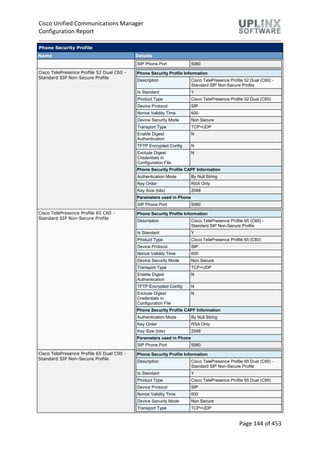 Cisco Unified Communications Manager
Configuration Report
Page 144 of 453
Phone Security Profile
Name Details
SIP Phone Port 5060
Cisco TelePresence Profile 52 Dual C60 -
Standard SIP Non-Secure Profile
Phone Security Profile Information
Description Cisco TelePresence Profile 52 Dual (C60) -
Standard SIP Non-Secure Profile
Is Standard Y
Product Type Cisco TelePresence Profile 52 Dual (C60)
Device Protocol SIP
Nonce Validity Time 600
Device Security Mode Non Secure
Transport Type TCP+UDP
Enable Digest
Authentication
N
TFTP Encrypted Config N
Exclude Digest
Credentials in
Configuration File
N
Phone Security Profile CAPF Information
Authentication Mode By Null String
Key Order RSA Only
Key Size (bits) 2048
Parameters used in Phone
SIP Phone Port 5060
Cisco TelePresence Profile 65 C60 -
Standard SIP Non-Secure Profile
Phone Security Profile Information
Description Cisco TelePresence Profile 65 (C60) -
Standard SIP Non-Secure Profile
Is Standard Y
Product Type Cisco TelePresence Profile 65 (C60)
Device Protocol SIP
Nonce Validity Time 600
Device Security Mode Non Secure
Transport Type TCP+UDP
Enable Digest
Authentication
N
TFTP Encrypted Config N
Exclude Digest
Credentials in
Configuration File
N
Phone Security Profile CAPF Information
Authentication Mode By Null String
Key Order RSA Only
Key Size (bits) 2048
Parameters used in Phone
SIP Phone Port 5060
Cisco TelePresence Profile 65 Dual C90 -
Standard SIP Non-Secure Profile
Phone Security Profile Information
Description Cisco TelePresence Profile 65 Dual (C90) -
Standard SIP Non-Secure Profile
Is Standard Y
Product Type Cisco TelePresence Profile 65 Dual (C90)
Device Protocol SIP
Nonce Validity Time 600
Device Security Mode Non Secure
Transport Type TCP+UDP
 