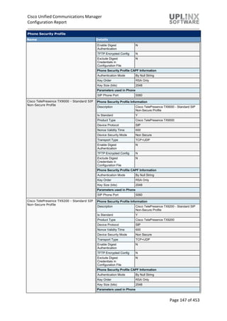 Cisco Unified Communications Manager
Configuration Report
Page 147 of 453
Phone Security Profile
Name Details
Enable Digest
Authentication
N
TFTP Encrypted Config N
Exclude Digest
Credentials in
Configuration File
N
Phone Security Profile CAPF Information
Authentication Mode By Null String
Key Order RSA Only
Key Size (bits) 2048
Parameters used in Phone
SIP Phone Port 5060
Cisco TelePresence TX9000 - Standard SIP
Non-Secure Profile
Phone Security Profile Information
Description Cisco TelePresence TX9000 - Standard SIP
Non-Secure Profile
Is Standard Y
Product Type Cisco TelePresence TX9000
Device Protocol SIP
Nonce Validity Time 600
Device Security Mode Non Secure
Transport Type TCP+UDP
Enable Digest
Authentication
N
TFTP Encrypted Config N
Exclude Digest
Credentials in
Configuration File
N
Phone Security Profile CAPF Information
Authentication Mode By Null String
Key Order RSA Only
Key Size (bits) 2048
Parameters used in Phone
SIP Phone Port 5060
Cisco TelePresence TX9200 - Standard SIP
Non-Secure Profile
Phone Security Profile Information
Description Cisco TelePresence TX9200 - Standard SIP
Non-Secure Profile
Is Standard Y
Product Type Cisco TelePresence TX9200
Device Protocol SIP
Nonce Validity Time 600
Device Security Mode Non Secure
Transport Type TCP+UDP
Enable Digest
Authentication
N
TFTP Encrypted Config N
Exclude Digest
Credentials in
Configuration File
N
Phone Security Profile CAPF Information
Authentication Mode By Null String
Key Order RSA Only
Key Size (bits) 2048
Parameters used in Phone
 