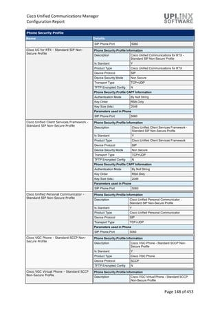 Cisco Unified Communications Manager
Configuration Report
Page 148 of 453
Phone Security Profile
Name Details
SIP Phone Port 5060
Cisco UC for RTX - Standard SIP Non-
Secure Profile
Phone Security Profile Information
Description Cisco Unified Communications for RTX -
Standard SIP Non-Secure Profile
Is Standard Y
Product Type Cisco Unified Communications for RTX
Device Protocol SIP
Device Security Mode Non Secure
Transport Type TCP+UDP
TFTP Encrypted Config N
Phone Security Profile CAPF Information
Authentication Mode By Null String
Key Order RSA Only
Key Size (bits) 2048
Parameters used in Phone
SIP Phone Port 5060
Cisco Unified Client Services Framework -
Standard SIP Non-Secure Profile
Phone Security Profile Information
Description Cisco Unified Client Services Framework -
Standard SIP Non-Secure Profile
Is Standard Y
Product Type Cisco Unified Client Services Framework
Device Protocol SIP
Device Security Mode Non Secure
Transport Type TCP+UDP
TFTP Encrypted Config N
Phone Security Profile CAPF Information
Authentication Mode By Null String
Key Order RSA Only
Key Size (bits) 2048
Parameters used in Phone
SIP Phone Port 5060
Cisco Unified Personal Communicator -
Standard SIP Non-Secure Profile
Phone Security Profile Information
Description Cisco Unified Personal Communicator -
Standard SIP Non-Secure Profile
Is Standard Y
Product Type Cisco Unified Personal Communicator
Device Protocol SIP
Transport Type TCP+UDP
Parameters used in Phone
SIP Phone Port 5060
Cisco VGC Phone - Standard SCCP Non-
Secure Profile
Phone Security Profile Information
Description Cisco VGC Phone - Standard SCCP Non-
Secure Profile
Is Standard Y
Product Type Cisco VGC Phone
Device Protocol SCCP
TFTP Encrypted Config N
Cisco VGC Virtual Phone - Standard SCCP
Non-Secure Profile
Phone Security Profile Information
Description Cisco VGC Virtual Phone - Standard SCCP
Non-Secure Profile
 