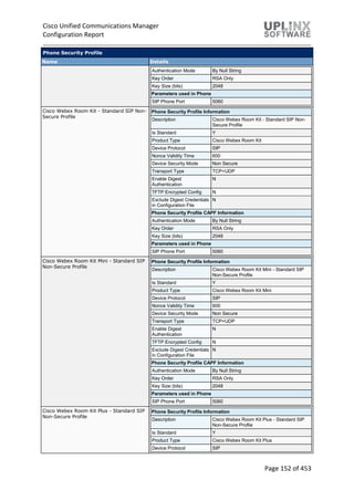 Cisco Unified Communications Manager
Configuration Report
Page 152 of 453
Phone Security Profile
Name Details
Authentication Mode By Null String
Key Order RSA Only
Key Size (bits) 2048
Parameters used in Phone
SIP Phone Port 5060
Cisco Webex Room Kit - Standard SIP Non-
Secure Profile
Phone Security Profile Information
Description Cisco Webex Room Kit - Standard SIP Non-
Secure Profile
Is Standard Y
Product Type Cisco Webex Room Kit
Device Protocol SIP
Nonce Validity Time 600
Device Security Mode Non Secure
Transport Type TCP+UDP
Enable Digest
Authentication
N
TFTP Encrypted Config N
Exclude Digest Credentials
in Configuration File
N
Phone Security Profile CAPF Information
Authentication Mode By Null String
Key Order RSA Only
Key Size (bits) 2048
Parameters used in Phone
SIP Phone Port 5060
Cisco Webex Room Kit Mini - Standard SIP
Non-Secure Profile
Phone Security Profile Information
Description Cisco Webex Room Kit Mini - Standard SIP
Non-Secure Profile
Is Standard Y
Product Type Cisco Webex Room Kit Mini
Device Protocol SIP
Nonce Validity Time 600
Device Security Mode Non Secure
Transport Type TCP+UDP
Enable Digest
Authentication
N
TFTP Encrypted Config N
Exclude Digest Credentials
in Configuration File
N
Phone Security Profile CAPF Information
Authentication Mode By Null String
Key Order RSA Only
Key Size (bits) 2048
Parameters used in Phone
SIP Phone Port 5060
Cisco Webex Room Kit Plus - Standard SIP
Non-Secure Profile
Phone Security Profile Information
Description Cisco Webex Room Kit Plus - Standard SIP
Non-Secure Profile
Is Standard Y
Product Type Cisco Webex Room Kit Plus
Device Protocol SIP
 