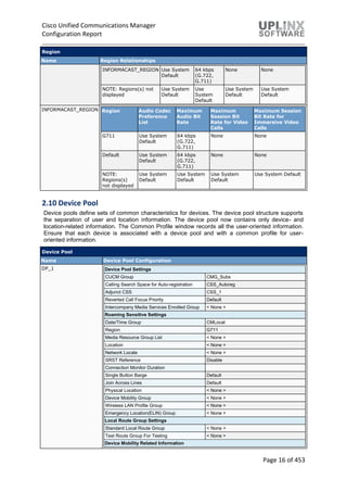 Cisco Unified Communications Manager
Configuration Report
Page 16 of 453
Region
Name Region Relationships
INFORMACAST_REGION Use System
Default
64 kbps
(G.722,
G.711)
None None
NOTE: Regions(s) not
displayed
Use System
Default
Use
System
Default
Use System
Default
Use System
Default
INFORMACAST_REGION Region Audio Codec
Preference
List
Maximum
Audio Bit
Rate
Maximum
Session Bit
Rate for Video
Calls
Maximum Session
Bit Rate for
Immersive Video
Calls
G711 Use System
Default
64 kbps
(G.722,
G.711)
None None
Default Use System
Default
64 kbps
(G.722,
G.711)
None None
NOTE:
Regions(s)
not displayed
Use System
Default
Use System
Default
Use System
Default
Use System Default
2.10 Device Pool
Device pools define sets of common characteristics for devices. The device pool structure supports
the separation of user and location information. The device pool now contains only device- and
location-related information. The Common Profile window records all the user-oriented information.
Ensure that each device is associated with a device pool and with a common profile for user-
oriented information.
Device Pool
Name Device Pool Configuration
DP_1 Device Pool Settings
CUCM Group CMG_Subs
Calling Search Space for Auto-registration CSS_Autoreg
Adjunct CSS CSS_1
Reverted Call Focus Priority Default
Intercompany Media Services Enrolled Group < None >
Roaming Sensitive Settings
Date/Time Group CMLocal
Region G711
Media Resource Group List < None >
Location < None >
Network Locale < None >
SRST Reference Disable
Connection Monitor Duration
Single Button Barge Default
Join Across Lines Default
Physical Location < None >
Device Mobility Group < None >
Wireless LAN Profile Group < None >
Emergency Location(ELIN) Group < None >
Local Route Group Settings
Standard Local Route Group < None >
Test Route Group For Testing < None >
Device Mobility Related Information
 