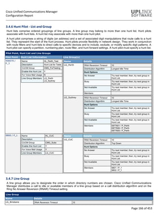 Cisco Unified Communications Manager
Configuration Report
Page 166 of 453
3.4.6 Hunt Pilot - List and Group
Hunt lists comprise ordered groupings of line groups. A line group may belong to more than one hunt list. Hunt pilots
associate with hunt lists. A hunt list may associate with more than one hunt pilot.
A hunt pilot comprises a string of digits (an address) and a set of associated digit manipulations that route calls to a hunt
list. They represent the start of the hunt process. Hunt pilots provide flexibility in network design. They work in conjunction
with route filters and hunt lists to direct calls to specific devices and to include, exclude, or modify specific digit patterns. A
hunt pilot can specify a partition, numbering plan, route filter, and hunt forward settings. A hunt pilot must specify a hunt list.
Pilot Point, Hunt List and Line Groups
Pilot Point Hunt List Information Line Group(s)
908070 /
P_3
Name HL_Perth_Test
Description Hunt List for Tests
CUCM Group CMG_ForTesting
Enable this Hunt List Y
For Voice Mail Usage N
Line Group Members LG_Perth
LG_Sydney
Name Details
LG_Perth RNA Reversion Timeout 10
Distribution Algorithm Longest Idle Time
Hunt Options
No Answer Try next member; then, try next group in
Hunt List
Busy Try next member; then, try next group in
Hunt List
Not Available Try next member; then, try next group in
Hunt List
Members
LG_Sydney RNA Reversion Timeout 10
Distribution Algorithm Longest Idle Time
Hunt Options
No Answer Try next member; then, try next group in
Hunt List
Busy Try next member; then, try next group in
Hunt List
Not Available Try next member; then, try next group in
Hunt List
Members 0877601 / P_Perth
0877606 / P_Perth
0877605 / P_Perth
9800 / P_1 Name HL_CUC
Description
CUCM Group CMG_Subs
Enable this Hunt List Y
For Voice Mail Usage Y
Line Group Members LG_CUC
Name Details
LG_CUC RNA Reversion Timeout 10
Distribution Algorithm Top Down
Hunt Options
No Answer Try next member; then, try next group in
Hunt List
Busy Try next member; then, try next group in
Hunt List
Not Available Try next member; then, try next group in
Hunt List
Members 9801 / P_1
9802 / P_1
3.4.7 Line Group
A line group allows you to designate the order in which directory numbers are chosen. Cisco Unified Communications
Manager distributes a call to idle or available members of a line group based on a call distribution algorithm and on the
Ring No Answer Reversion (RNAR) Timeout setting.
Line Group
Name Details
LG_Brisbane RNA Reversion Timeout 10
 
