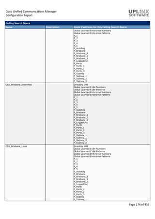 Cisco Unified Communications Manager
Configuration Report
Page 174 of 453
Calling Search Space
Name Description Route Partitions for this Calling Search Space
Global Learned Enterprise Numbers
Global Learned Enterprise Patterns
P_1
P_2
P_3
P_4
P_5
P_AutoReg
P_Brisbane
P_Brisbane_1
P_Brisbane_2
P_Brisbane_3
P_LoggedOut
P_Perth
P_Perth_1
P_Perth_2
P_Perth_3
P_Sydney
P_Sydney_1
P_Sydney_2
P_Sydney_3
CSS_Brisbane_InternNat Directory URI
Global Learned E164 Numbers
Global Learned E164 Patterns
Global Learned Enterprise Numbers
Global Learned Enterprise Patterns
P_1
P_2
P_3
P_4
P_5
P_AutoReg
P_Brisbane
P_Brisbane_1
P_Brisbane_2
P_Brisbane_3
P_LoggedOut
P_Perth
P_Perth_1
P_Perth_2
P_Perth_3
P_Sydney
P_Sydney_1
P_Sydney_2
P_Sydney_3
CSS_Brisbane_Local Directory URI
Global Learned E164 Numbers
Global Learned E164 Patterns
Global Learned Enterprise Numbers
Global Learned Enterprise Patterns
P_1
P_2
P_3
P_4
P_5
P_AutoReg
P_Brisbane
P_Brisbane_1
P_Brisbane_2
P_Brisbane_3
P_LoggedOut
P_Perth
P_Perth_1
P_Perth_2
P_Perth_3
P_Sydney
P_Sydney_1
 