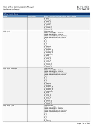 Cisco Unified Communications Manager
Configuration Report
Page 176 of 453
Calling Search Space
Name Description Route Partitions for this Calling Search Space
P_Perth
P_Perth_1
P_Perth_2
P_Perth_3
P_Sydney
P_Sydney_1
P_Sydney_2
P_Sydney_3
CSS_Perth Directory URI
Global Learned E164 Numbers
Global Learned E164 Patterns
Global Learned Enterprise Numbers
Global Learned Enterprise Patterns
P_1
P_2
P_3
P_4
P_5
P_AutoReg
P_Brisbane
P_Brisbane_1
P_Brisbane_2
P_Brisbane_3
P_LoggedOut
P_Perth
P_Perth_1
P_Perth_2
P_Perth_3
P_Sydney
P_Sydney_1
P_Sydney_2
P_Sydney_3
CSS_Perth_InternNat Directory URI
Global Learned E164 Numbers
Global Learned E164 Patterns
Global Learned Enterprise Numbers
Global Learned Enterprise Patterns
P_1
P_2
P_3
P_4
P_5
P_AutoReg
P_Brisbane
P_Brisbane_1
P_Brisbane_2
P_Brisbane_3
P_LoggedOut
P_Perth
P_Perth_1
P_Perth_2
P_Perth_3
P_Sydney
P_Sydney_1
P_Sydney_2
P_Sydney_3
CSS_Perth_Local Directory URI
Global Learned E164 Numbers
Global Learned E164 Patterns
Global Learned Enterprise Numbers
Global Learned Enterprise Patterns
P_1
P_2
P_3
P_4
P_5
P_AutoReg
 