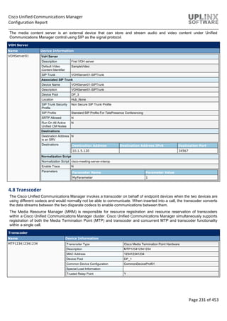 Cisco Unified Communications Manager
Configuration Report
Page 231 of 453
The media content server is an external device that can store and stream audio and video content under Unified
Communications Manager control using SIP as the signal protocol.
VOH Server
Name Device Information
VOHServer01 VoH Server
Description First VOH server
Default Video
Content Identifier
SampleVideo
SIP Trunk VOHServer01-SIPTrunk
Associated SIP Trunk
Device Name VOHServer01-SIPTrunk
Description VOHServer01-SIPTrunk
Device Pool DP_3
Location Hub_None
SIP Trunk Security
Profile
Non Secure SIP Trunk Profile
SIP Profile Standard SIP Profile For TelePresence Conferencing
SRTP Allowed N
Run On All Active
Unified CM Nodes
N
Destinations
Destination Address
is an SRV
N
Destinations Destination Address Destination Address IPv6 Destination Port
10.1.5.120 34567
Normalization Script
Normalization Script cisco-meeting-server-interop
Enable Trace N
Parameters Parameter Name Parameter Value
MyParameter 1
4.8 Transcoder
The Cisco Unified Communications Manager invokes a transcoder on behalf of endpoint devices when the two devices are
using different codecs and would normally not be able to communicate. When inserted into a call, the transcoder converts
the data streams between the two disparate codecs to enable communications between them.
The Media Resource Manager (MRM) is responsible for resource registration and resource reservation of transcoders
within a Cisco Unified Communications Manager cluster. Cisco Unified Communications Manager simultaneously supports
registration of both the Media Termination Point (MTP) and transcoder and concurrent MTP and transcoder functionality
within a single call.
Transcoder
Name Device Information
MTP123412341234 Transcoder Type Cisco Media Termination Point Hardware
Description MTP123412341234
MAC Address 123412341234
Device Pool DP_1
Common Device Configuration CommonDeviceProf01
Special Load Information
Trusted Relay Point Y
 
