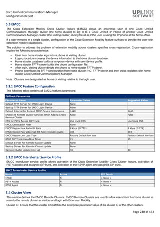 Cisco Unified Communications Manager
Configuration Report
Page 240 of 453
5.3 EMCC
The Cisco Extension Mobility Cross Cluster feature (EMCC) allows an enterprise user of one Cisco Unified
Communications Manager cluster (the home cluster) to log in to a Cisco Unified IP Phone of another Cisco Unified
Communications Manager cluster (the visiting cluster) during travel as if the user is using the IP phone at the home office.
If a user remains in a single cluster, configuration of the Cisco Extension Mobility feature suffices to provide the user with
extension mobility capabilities.
The solution to address the problem of extension mobility across clusters specifies cross-registration. Cross-registration
implies the following characteristics:
 User from home cluster logs in to a phone at visiting cluster.
 Login procedure conveys the device information to the home cluster database.
 Home cluster database builds a temporary device with user device profile.
 Home cluster TFTP server builds the phone configuration file.
 After login, visiting cluster directs the phone to home cluster TFTP server.
 Phone downloads its TFTP configuration from home cluster (HC) TFTP server and then cross-registers with home
cluster Cisco Unified Communications Manager.
Note : Clusters are designated as home or visiting relative to the login user.
5.3.1 EMCC Feature Configuration
The following table contains all EMCC feature parameters:
Fallback Parameters
Parameter Name Parameter Value Suggested Value
Default TFTP Server for EMCC Login Device None
Backup TFTP Server for EMCC Login Device None
Default Interval for Expired EMCC Device Maintenance 1440 1440
Enable All Remote Cluster Services When Adding A New
Remote Cluster
False False
CSS for PSTN Access SIP Trunk Use trunk CSS Use trunk CSS
EMCC Geolocation Filter None
EMCC Region Max Audio Bit Rate 8 kbps (G.729) 8 kbps (G.729)
EMCC Region Max Video Call Bit Rate (Includes Audio) 384 384
EMCC Region Link Loss Type Factory Default low loss Factory Default low loss
RSVP SIP Trunk KeepAlive Timer 15 15
Default Server For Remote Cluster Update None
Backup Server For Remote Cluster Update None
Remote Cluster Update Interval 30 30
5.3.2 EMCC Intercluster Service Profile
EMCC intercluster service profile allows activation of the Cisco Extension Mobility Cross Cluster feature, activation of
PSTN access and assigned SIP trunk, and activation of the RSVP agent and assigned SIP trunk.
EMCC Intercluster Service Profile
Name Active SIP Trunk
EMCC N < None >
PSTN Access N < None >
RSVP Agent N < None >
5.4 Cluster View
This section defines the EMCC Remote Clusters. EMCC Remote Clusters are used to allow users from this home cluster to
roam to the remote cluster as visitors and login with Extension Mobility.
Cluster ID: Ensure that this cluster ID matches the enterprise parameter value of the cluster ID of the other clusters.
 