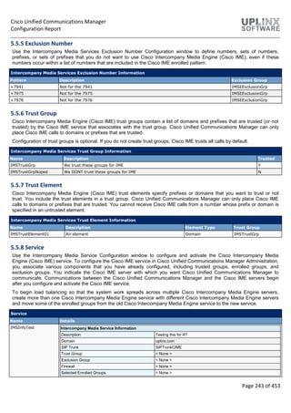 Cisco Unified Communications Manager
Configuration Report
Page 243 of 453
5.5.5 Exclusion Number
Use the Intercompany Media Services Exclusion Number Configuration window to define numbers, sets of numbers,
prefixes, or sets of prefixes that you do not want to use Cisco Intercompany Media Engine (Cisco IME), even if these
numbers occur within a list of numbers that are included in the Cisco IME enrolled pattern.
Intercompany Media Services Exclusion Number Information
Pattern Description Exclusion Group
+7941 Not for the 7941 IMSEExclusionGrp
+7975 Not for the 7975 IMSEExclusionGrp
+7976 Not for the 7976 IMSEExclusionGrp
5.5.6 Trust Group
Cisco Intercompany Media Engine (Cisco IME) trust groups contain a list of domains and prefixes that are trusted (or not
trusted) by the Cisco IME service that associates with the trust group. Cisco Unified Communications Manager can only
place Cisco IME calls to domains or prefixes that are trusted.
Configuration of trust groups is optional. If you do not create trust groups, Cisco IME trusts all calls by default.
Intercompany Media Services Trust Group Information
Name Description Trusted
IMSTrustGrp We trust these groups for IME Y
IMSTrustGrpNoped We DONT trust these groups for IME N
5.5.7 Trust Element
Cisco Intercompany Media Engine (Cisco IME) trust elements specify prefixes or domains that you want to trust or not
trust. You include the trust elements in a trust group. Cisco Unified Communications Manager can only place Cisco IME
calls to domains or prefixes that are trusted. You cannot receive Cisco IME calls from a number whose prefix or domain is
specified in an untrusted element.
Intercompany Media Services Trust Element Information
Name Description Element Type Trust Group
IMSTrustElement01 An element Domain IMSTrustGrp
5.5.8 Service
Use the Intercompany Media Service Configuration window to configure and activate the Cisco Intercompany Media
Engine (Cisco IME) service. To configure the Cisco IME service in Cisco Unified Communications Manager Administration,
you associate various components that you have already configured, including trusted groups, enrolled groups, and
exclusion groups. You indicate the Cisco IME server with which you want Cisco Unified Communications Manager to
communicate. Communications between the Cisco Unified Communications Manager and the Cisco IME servers begin
after you configure and activate the Cisco IME service.
To begin load balancing so that the system work spreads across multiple Cisco Intercompany Media Engine servers,
create more than one Cisco Intercompany Media Engine service with different Cisco Intercompany Media Engine servers
and move some of the enrolled groups from the old Cisco Intercompany Media Engine service to the new service.
Service
Name Details
IMSInfoTest Intercompany Media Service Information
Description Testing this for RT
Domain uplinx.com
SIP Trunk SIPTrunkCIME
Trust Group < None >
Exclusion Group < None >
Firewall < None >
Selected Enrolled Groups < None >
 