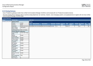 Cisco Unified Communications Manager
Configuration Report
Page 256 of 453
6.3.4 Analog Gateway
Cisco IP telephony gateways enable Cisco Unified Communications Manager (CUCM) to communicate with non-IP telecommunications devices.
The Cisco Analog Phone Gateways allow on-premise analog telephones, fax machines, modems, voice-messaging systems, and speakerphones to register with one Cisco Unified
Communications Manager (CUCM) cluster.
Analog Gateways
Name Device Info Slot Info
SKIGW1234123410 Gateway Details
Product VG224
Protocol SCCP
Description SKIGW1234123410
MAC Address
(last 10 chars)
1234123410
CallManagerGroup CMG_ForTesting
Product Specific Configuration
Type Of DTMF
Relay
Current GW Config
Modem
Passthrough
Enable
Cisco Fax Relay Disable
T38 Fax Relay Disable
RTP Package
Capability
Enable
MT Package
Capability
Disable
RES Package
Capability
Disable
PRE Package
Capability
Enable
SST Package
Capability
Enable
RTP Unreachable
OnOff
Enable
RTP Unreachable
timeout (ms)
1000
RTCP Report 0
Ports
Port Device Name Description Extension Partition External
Mask
CSS Alerting
Name
Display Max/Busy
Calls
VM
Profile
VM
CFB
2/0/0 AN1234123410400 AN1234123410400 999900 P_1 CSS_1 1/1 N
 