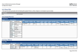 Cisco Unified Communications Manager
Configuration Report
Page 259 of 453
6.4.1 Phone Filter
This report has been generated with the following filter applied.If there is a filter configured, not all objects may be be listed.
Phone filter(s)
Filter No Filter defined
6.4.2 Analog Phone (1)
Analog Phone
Phone Base settings Lines
AN1234123410400 Model Analog Phone
Description AN1234123410400
Protocol SCCP
Device
Pool
DP_Sydney
CSS < None >
MRGL < None >
Location Hub_None
AAR Group
Button
Template
Standard Analog
Softkey
Template
< None >
Owner
User ID
< None >
# Extension Partition CSS Linetext Alerting
Name
External
Mask
Pickup
Grp
max/busy VM
Profile
CF All CF Busy CF
NoAnswer
CFNA
[secs]
Line
1
999900 P_1 CSS_1 1/1 < None > /
< None >
/
< None >
/ < None >
6.4.3 Cisco 7832 (1)
Cisco 7832
Phone Base settings Lines
SEP00727849DA40 Model Cisco 7832
Description Auto 10006
Protocol SIP
Device Pool DP_1
# Extension Partition CSS Linetext Alerting
Name
External
Mask
Pickup
Grp
max/busy VM
Profile
CF All CF Busy CF
NoAnswer
CFNA
[secs]
Line
1
783201 P_1 CSS_1 7832 on
120 new
4/2 < None > /
< None >
/
< None >
/ < None >
 