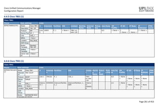 Cisco Unified Communications Manager
Configuration Report
Page 261 of 453
6.4.5 Cisco 7861 (1)
Cisco 7861
Phone Base settings Lines
SEP6CFA8902CFE1 Model Cisco 7861
Description 7861 SIP
Protocol SIP
Device Pool DP_1
CSS CSS_1
MRGL < None >
Location Hub_None
AAR Group
Button
Template
Standard
7961 SIP
Softkey
Template
< None >
Owner User
ID
< None >
# Extension Partition CSS Linetext Alerting
Name
External
Mask
Pickup
Grp
max/busy VM
Profile
CF All CF Busy CF
NoAnswer
CFNA
[secs]
Line
1
10003 P_1 < None > 7861 on
new 120
4/2 < None > /
< None >
/
< None >
/ < None >
6.4.6 Cisco 7941 (1)
Cisco 7941
Phone Base settings Lines
SEP00070E16C0
C7
Model Cisco 7941
Descripti
on
7941 SCCP
Protocol SCCP
Device
Pool
Default
CSS CSS_1
MRGL < None >
Location Hub_None
AAR
Group
Button
Template
SEP00070E16C0
C7-SCCP-
# Extensio
n
Partition CSS Linetex
t
Alertin
g
Name
Extern
al
Mask
Picku
p Grp
max/bu
sy
VM
Profile
CF All CF Busy CF
NoAnsw
er
CFNA
[secs
]
Line 1 794101 P_1 CSS_1 7941
on new
120
4/2 < None
>
/
< None
>
/
< None
>
/
< None
>
Interco
m 1
5559550 IntercomPartitio
n_1
IntercomPartition_1_
GEN
Interco
m
555955
0
1/1 < None
>
/
< None
>
/
< None
>
/
< None
>
 